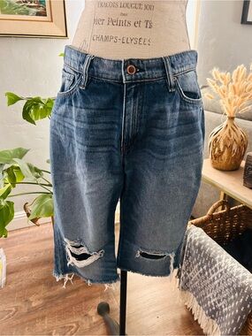 Hudson Distressed Dark Blue Denim Bermuda Shorts